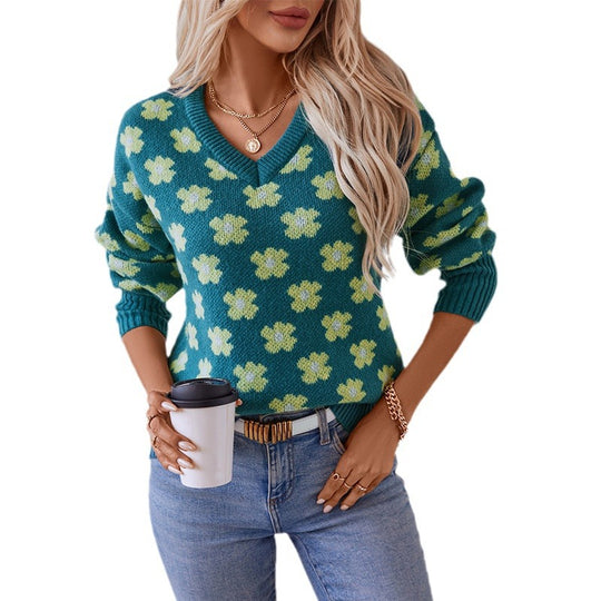 Damen Strickpullover mit floralem Muster und V-Ausschnitt R&B