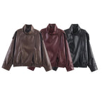 Damen nan oversized Bikerjacke Kunstlederoptik mit hohem Stehkragen, asymmetrischer Druckknopffront, Schulterriegeln und elastischem Saum R&B