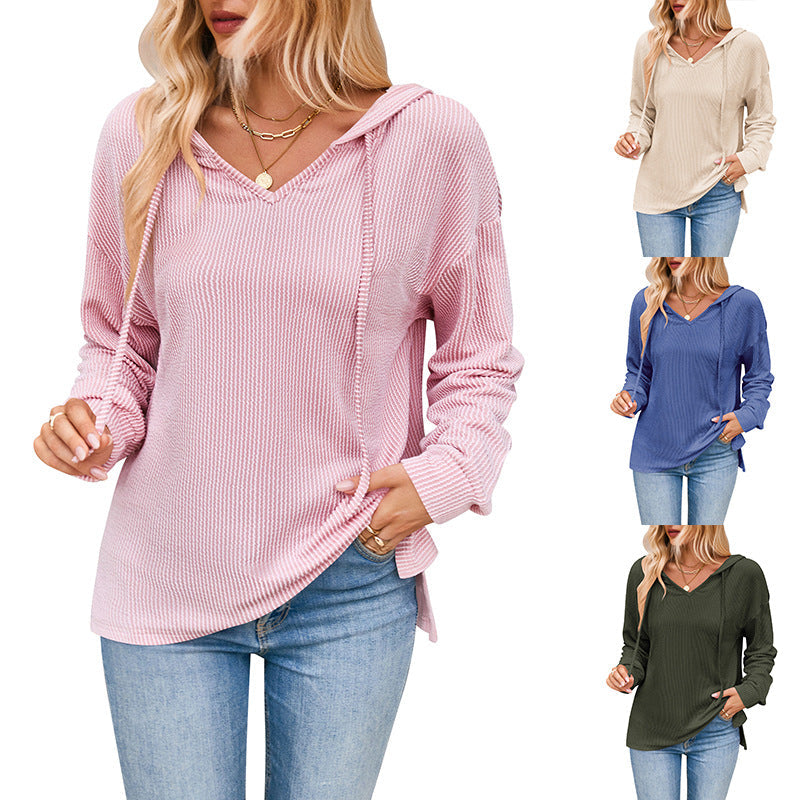 Damen lässiger Sweater mit V-Ausschnitt und Kordelzug R&B