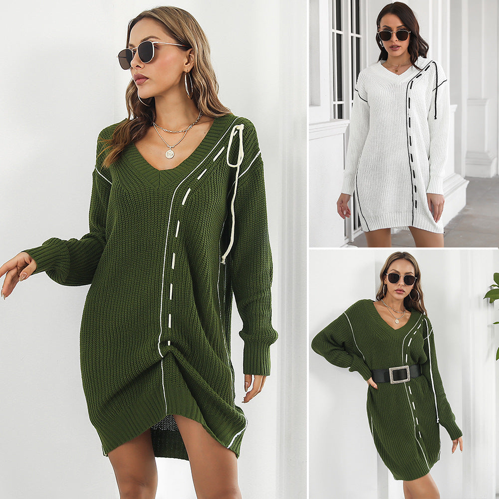 Damen Großer V-Ausschnitt Strickkleid mit dekorativen Nähten R&B