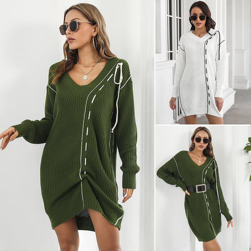 Damen Großer V-Ausschnitt Strickkleid mit dekorativen Nähten R&B