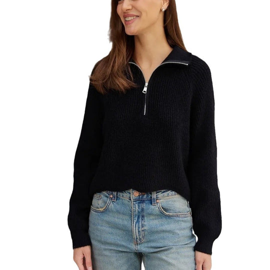 Damen Cozy Pullover mit Kragen und Reißverschluss R&B