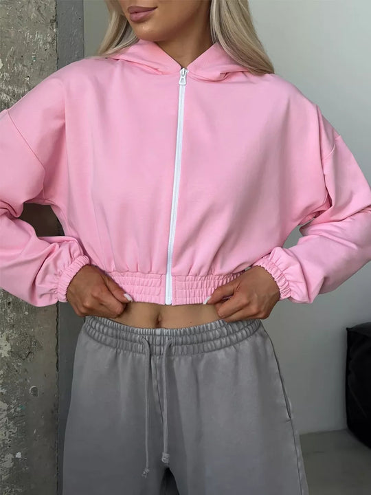 Damen lässiger Cropped Hoodie mit praktischem Reißverschluss und elastischem Bund R&B
