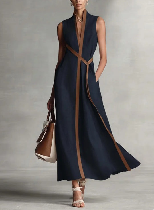 Damen elegantes Maxikleid mit Taillenschnitt und schmalem Gürtel R&B