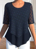 Damen nan Tüllbluse mit bestickten Punkten, halbtransparenten Ärmeln und asymmetrischem Stufensaum R&B