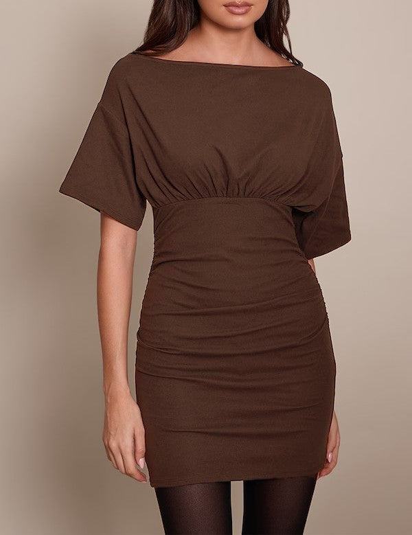 Damen figurbetontes Wickelkleid mit Raffungen und weiten Ärmeln R&B