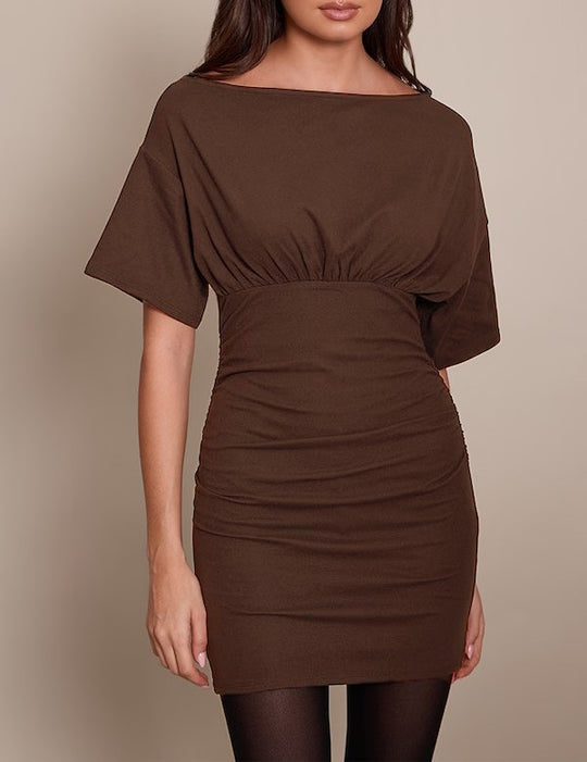 Damen figurbetontes Wickelkleid mit Raffungen und weiten Ärmeln R&B