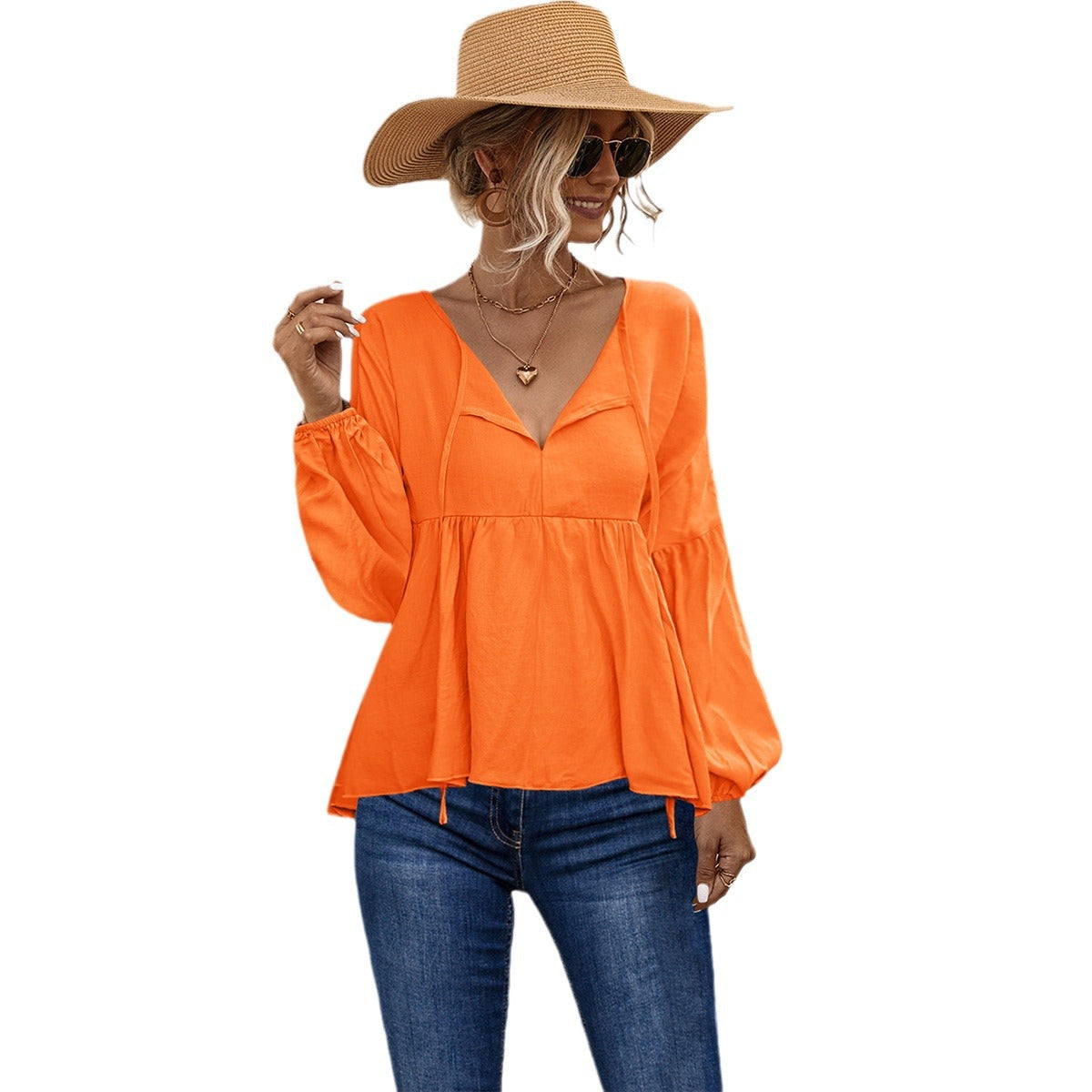 Damen lässige Bluse mit V-Ausschnitt und langen Puffärmeln R&B