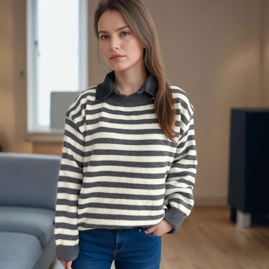 Damen lässiger Pullover mit strukturellem Streifenmuster und modischem Kragen R&B