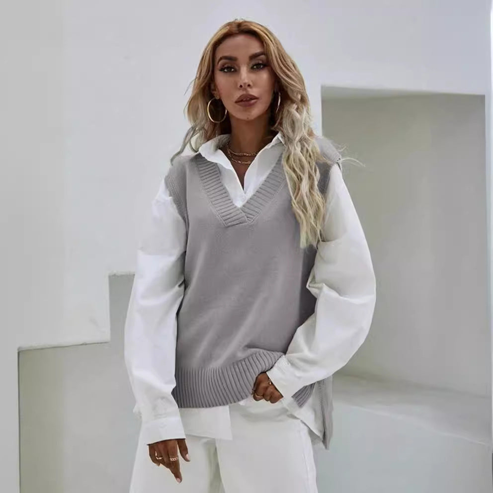 Damen Strickweste mit V-Ausschnitt und feiner Rippenstruktur R&B