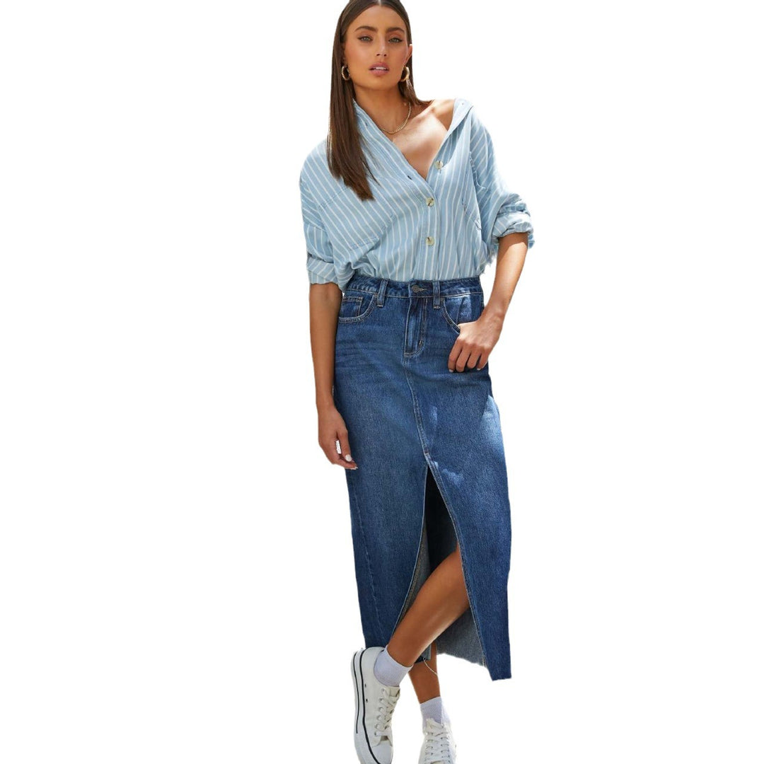 Damen Hoch geschnittene Denim-Midirock mit seitlichem Schlitz und fransigen Säumen R&B