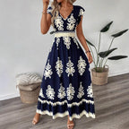 Damen Maxikleid mit floralem Muster und V-Ausschnitt R&B