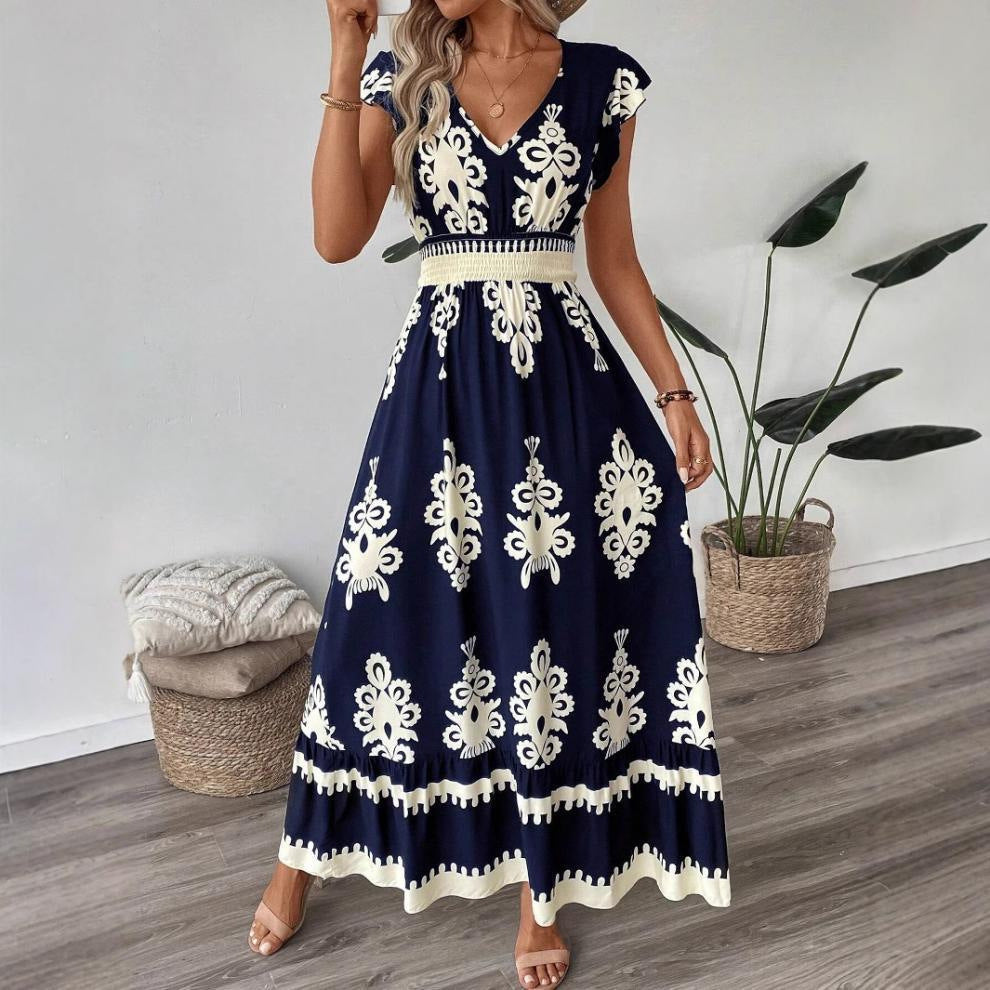 Damen Maxikleid mit floralem Muster und V-Ausschnitt R&B
