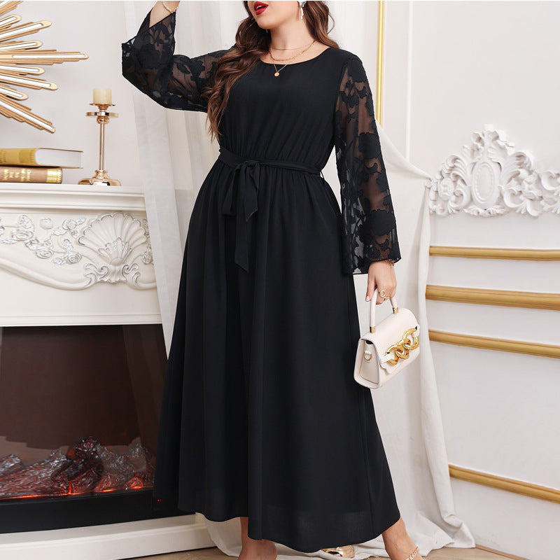 Damen Maxikleid mit transparenten Ärmel und eleganter Taillenbindung R&B