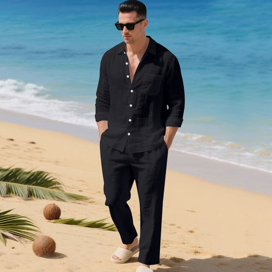 Herren leichtes Leinen-Outfit mit stilvollem Hemd und eleganter Hose R&B