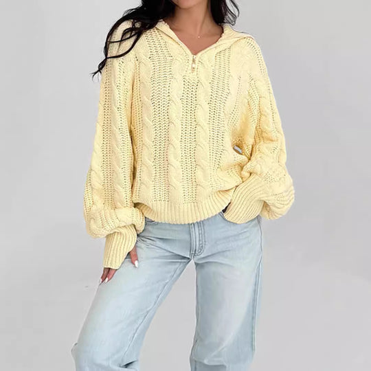 Damen lässiger Strickpullover mit weichem Zopfmuster und praktischer Kapuze R&B