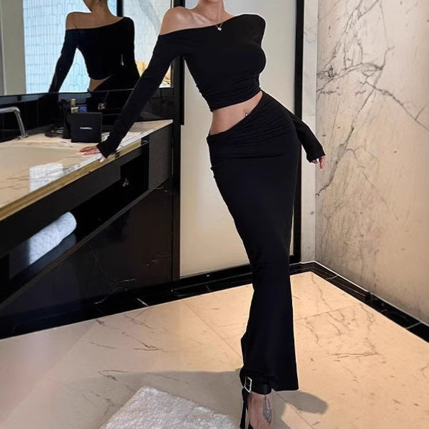 Damen Langarm Maxikleid mit asymmetrischem Design und Rüschendetails R&B