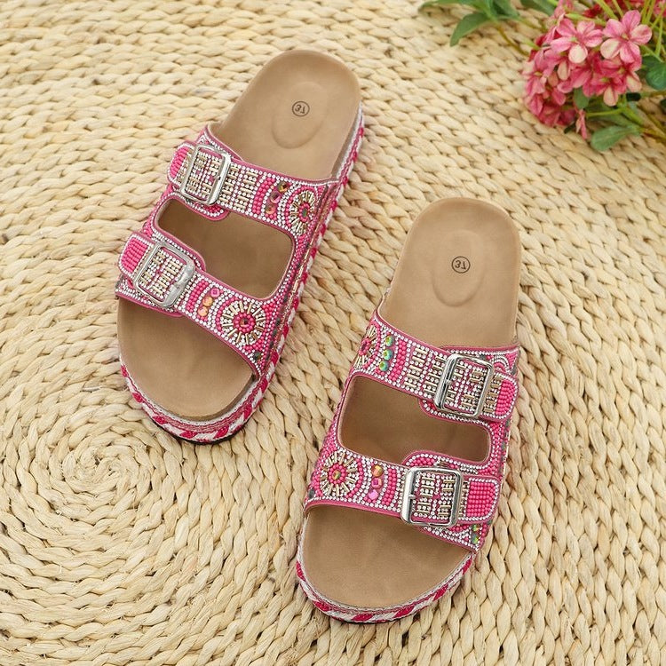 Damen Riemchen-Sandalen mit funkelnden Perlen und verstellbaren Schnallen R&B