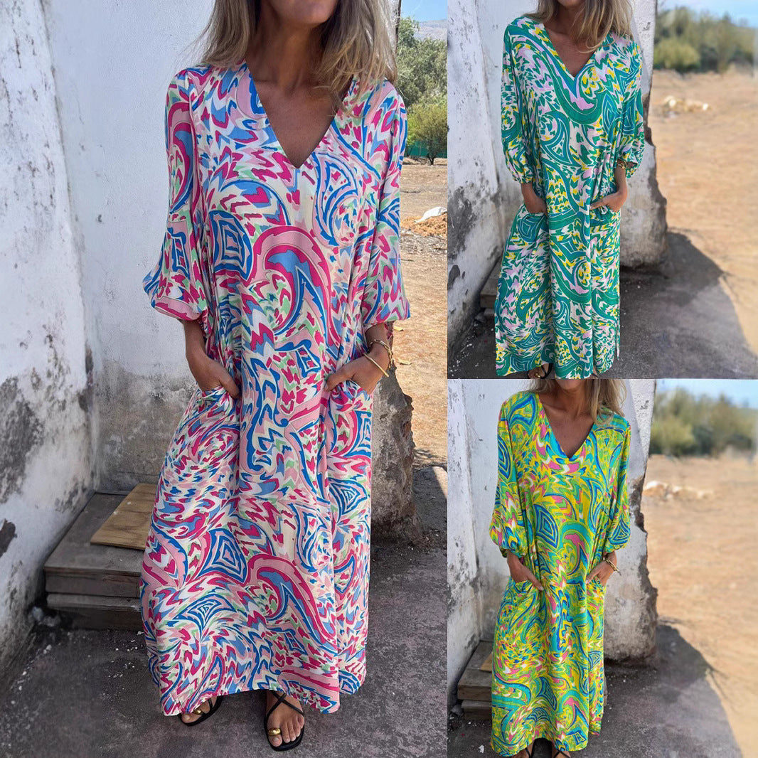 Damen Langarmkleid mit V-Ausschnitt und praktischen Taschen R&B