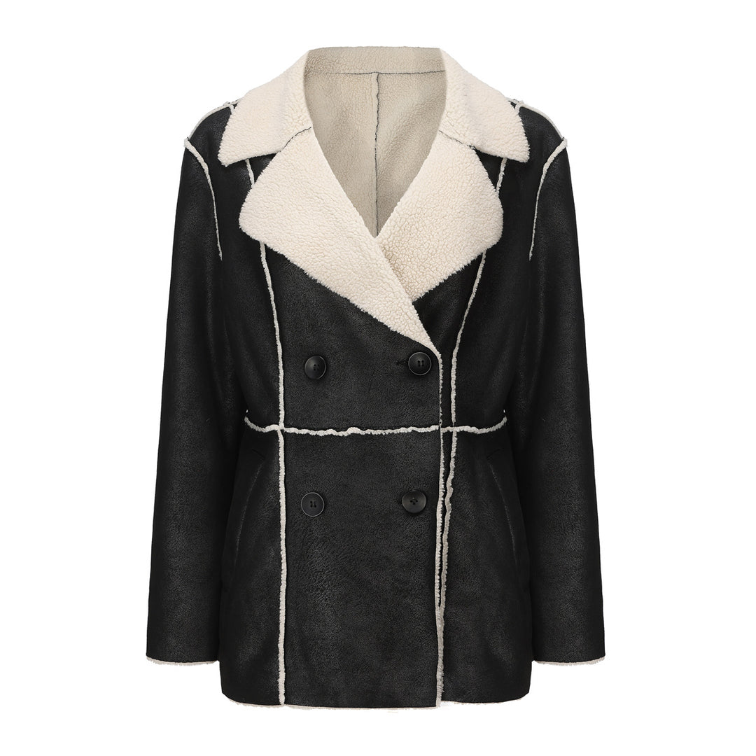 Damen modische Übergangsjacke mit kuscheligem Innenfutter und breitem Reverskragen R&B