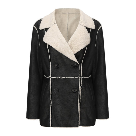 Damen modische Übergangsjacke mit kuscheligem Innenfutter und breitem Reverskragen R&B