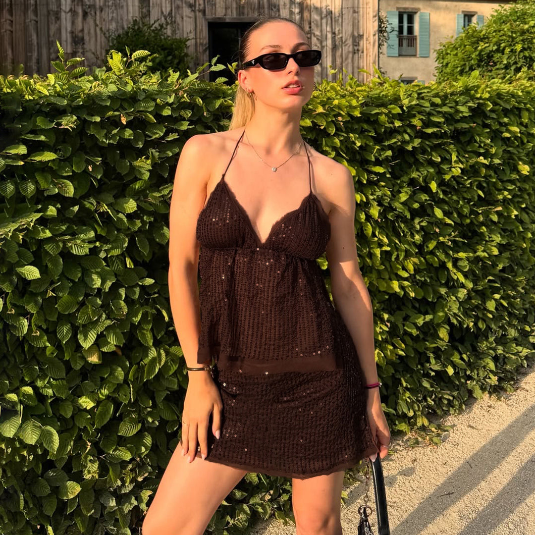 Damen schickes Top mit funkelnden Pailletten und verstellbarem Träger R&B