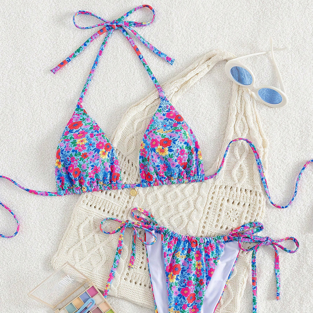 Damen Triangel-Bikini mit floraler Verzierungen und raffinierten Bindedetails R&B
