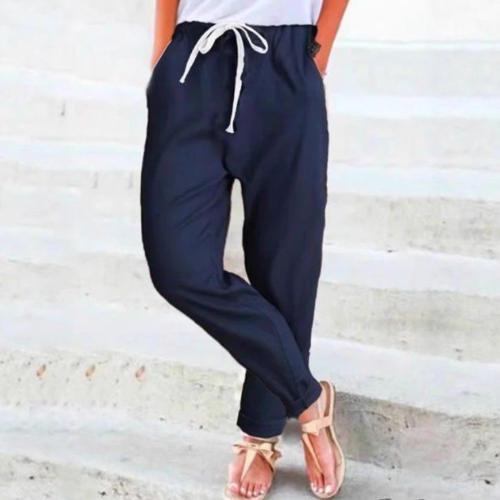 Damen nan leichte Leinenmix-Hose mit elastischem Bund, Kordelzug und konischer Knöchelpartie R&B
