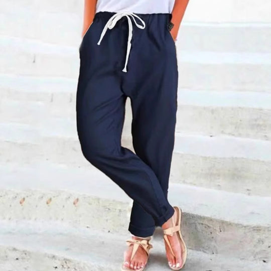 Damen nan leichte Leinenmix-Hose mit elastischem Bund, Kordelzug und konischer Knöchelpartie R&B