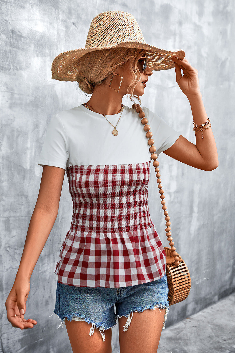 Damen Peplum-Oberteil mit kariertem Stoff und elastischer Taillierung R&B