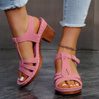 Damen T-Strap Absatzsandalen mit geflochtener Sohle und Pseudo-Leder R&B