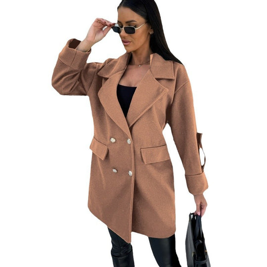 Damen modischer Oversized-Baumwollblazer mit doppelter Knopfleiste und praktischen Taschen R&B