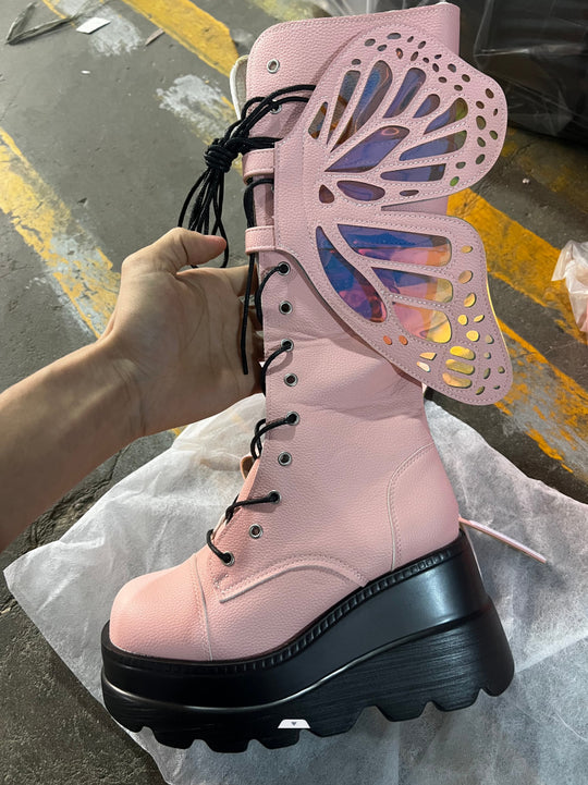 Damen Schnürstiefel mit modischem Schmetterlingsdesign und hohem Plateau R&B