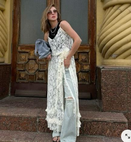 Damen Spitzenkimono mit offener Front und Rüschendetails R&B