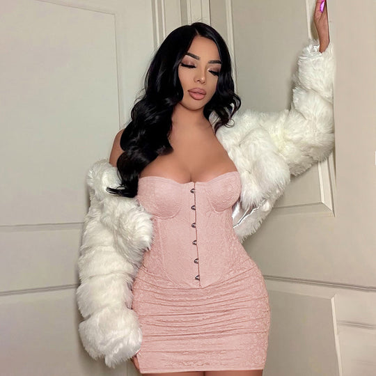 Damen minimalistisches Korsettkleid mit eleganter Knopfleiste und Spitzenakzenten R&B