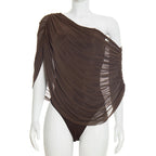 Damen Einseitiger Chiffon-Bodysuit mit Drapierungen R&B