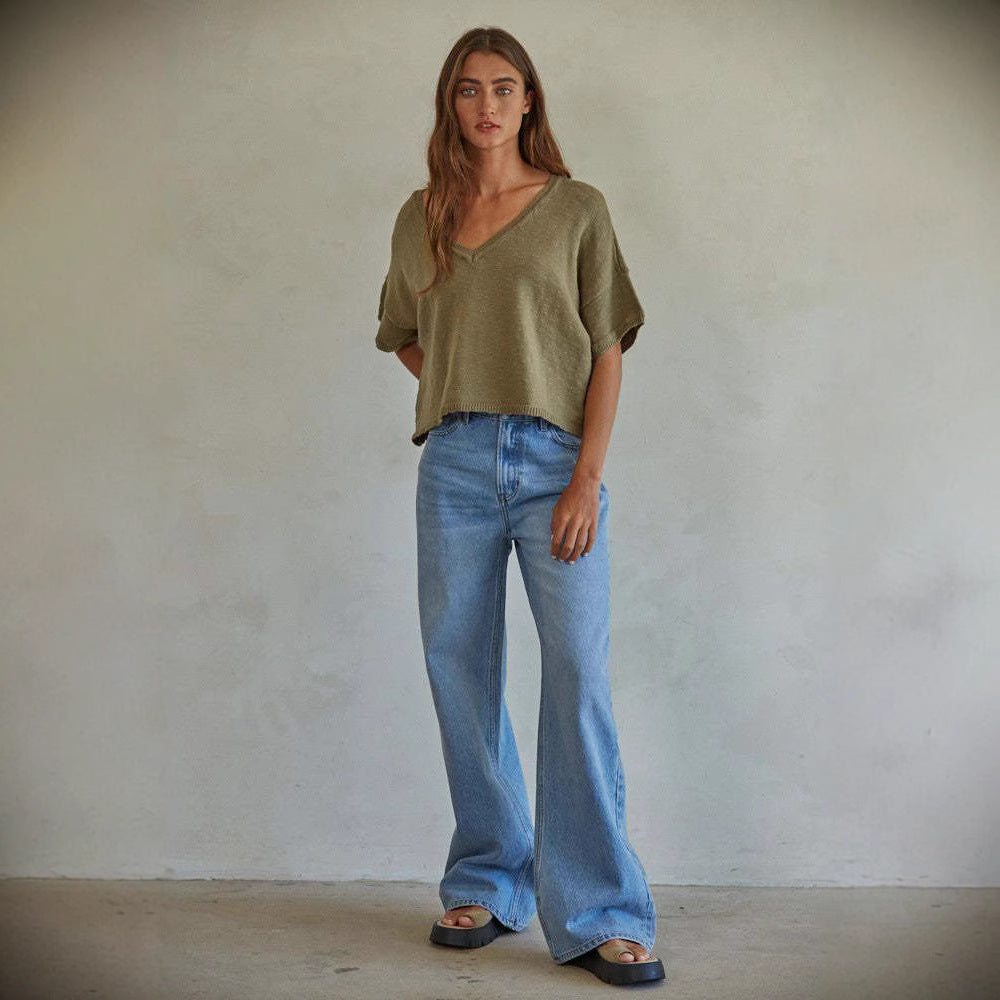 Damen Weit geschnittene Jeans im Vintage-Stil mit hohem Bund und eleganten Nähten R&B