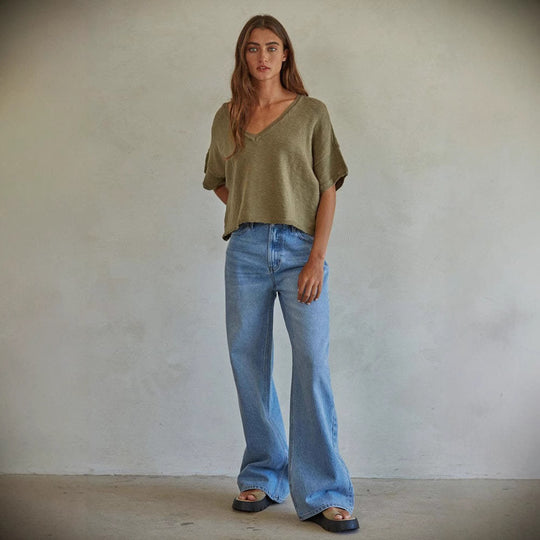 Damen Weit geschnittene Jeans im Vintage-Stil mit hohem Bund und eleganten Nähten R&B