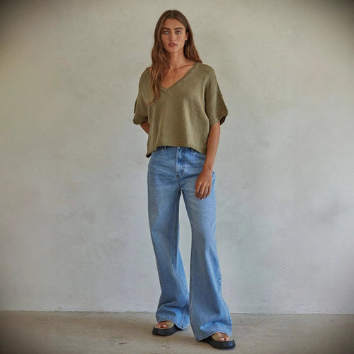 Damen Weit geschnittene Jeans im Vintage-Stil mit hohem Bund und eleganten Nähten R&B