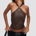 Damen Oberteil aus hochwertigem Kunstleder mit raffiniertem Halter-Design R&B