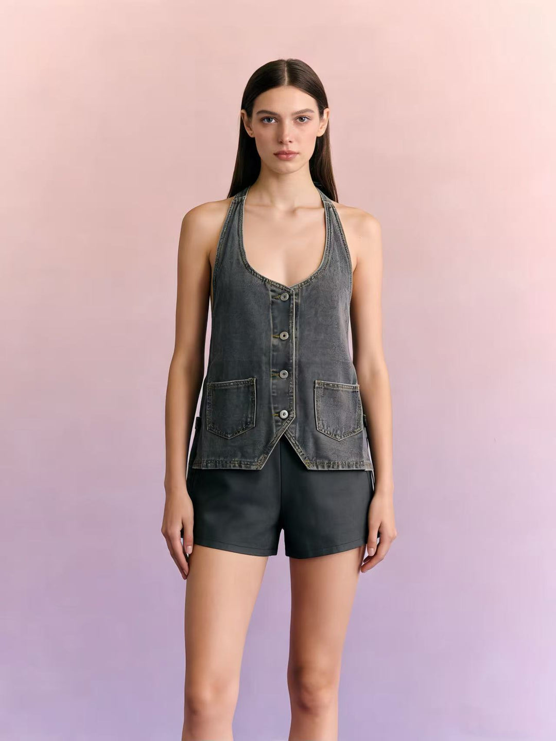 Damen lässiges Denim-Set mit verstellbaren Trägern und Taschen R&B