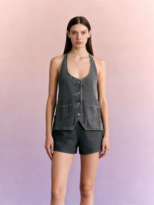 Damen lässiges Denim-Set mit verstellbaren Trägern und Taschen R&B