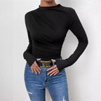Damen nan figurbetontes Langarmshirt mit asymmetrischer Raffung am Vorderteil und U-Boot-Ausschnitt R&B