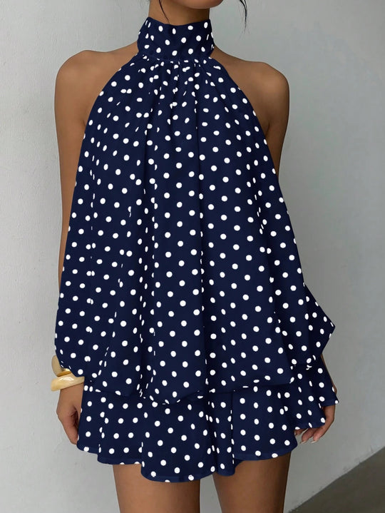 Damen modisches Polka-Dots Set mit hohem Kragen und voluminösen Ärmeln R&B