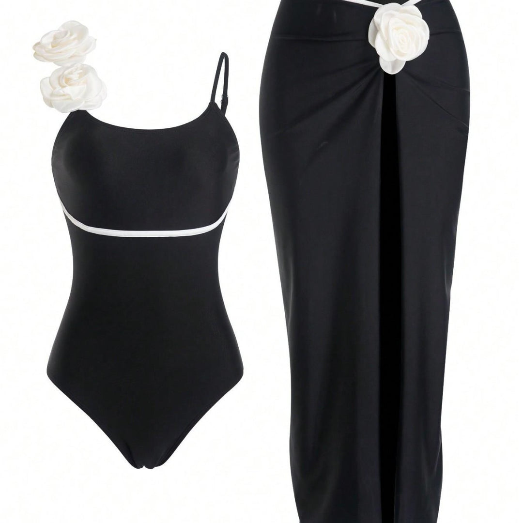 Damen Einteiler Badeanzug mit elegantem Rock und verspielten Blütendetails R&B