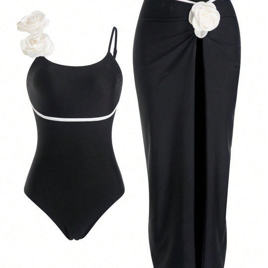 Damen Einteiler Badeanzug mit elegantem Rock und verspielten Blütendetails R&B