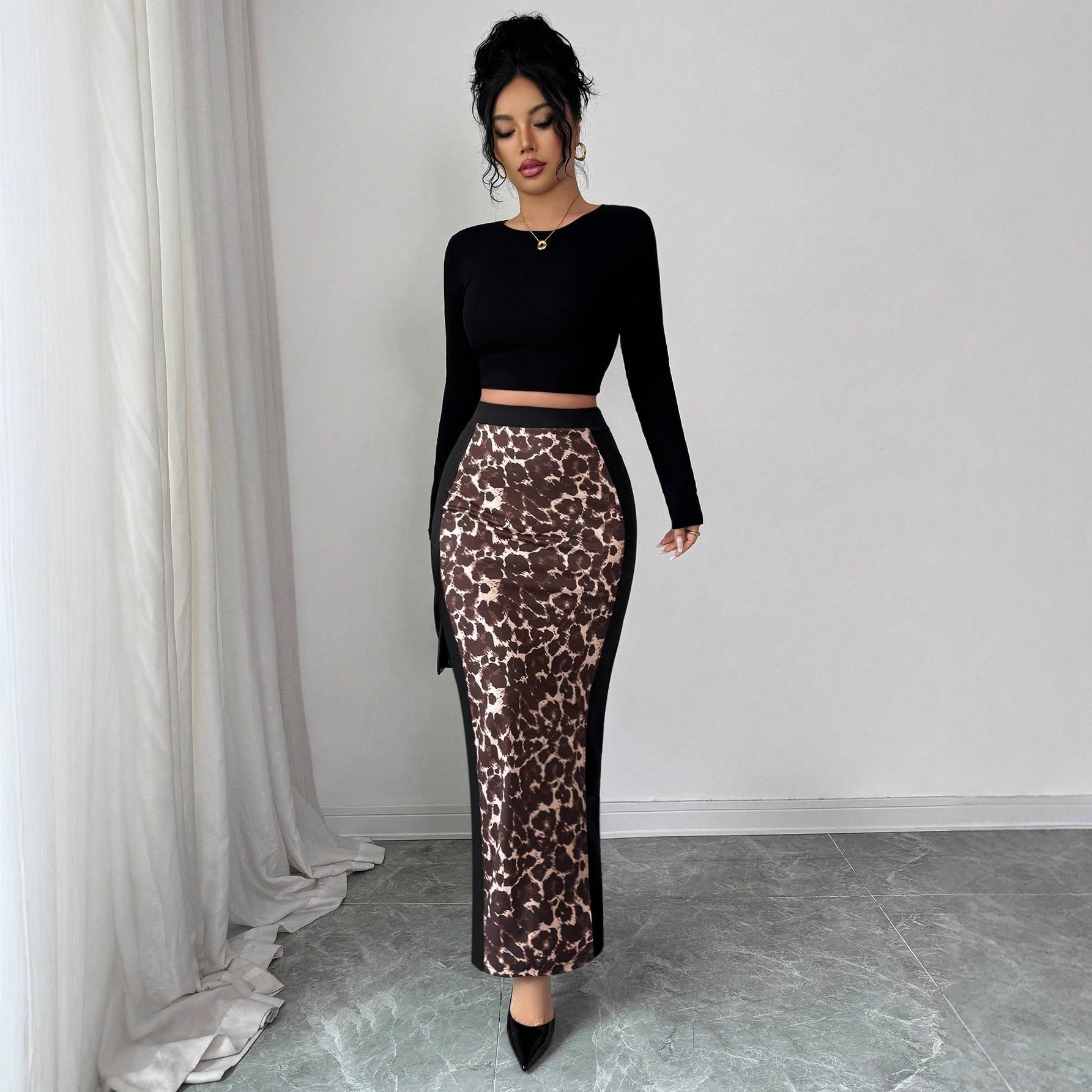 Damen nan taillierter Bleistiftmidirock mit Animal-Print-Mittelbahn und seitlichem Oberschenkel-Schlitz R&B