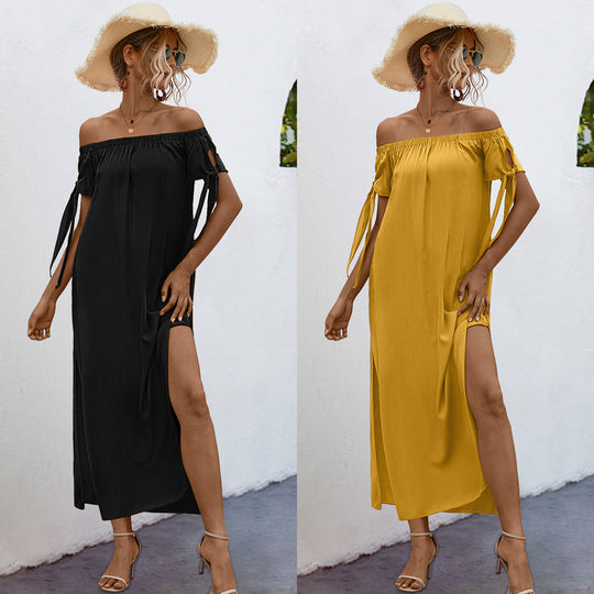 Damen elegantes Off-Shoulder Maxikleid mit seidigem Glanz und seitlichem Schlitz R&B
