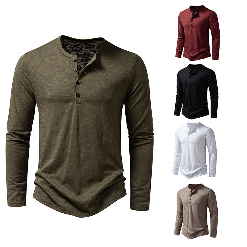 Herren Langarm-T-Shirt mit Knopfleiste und modischem Stehkragen R&B