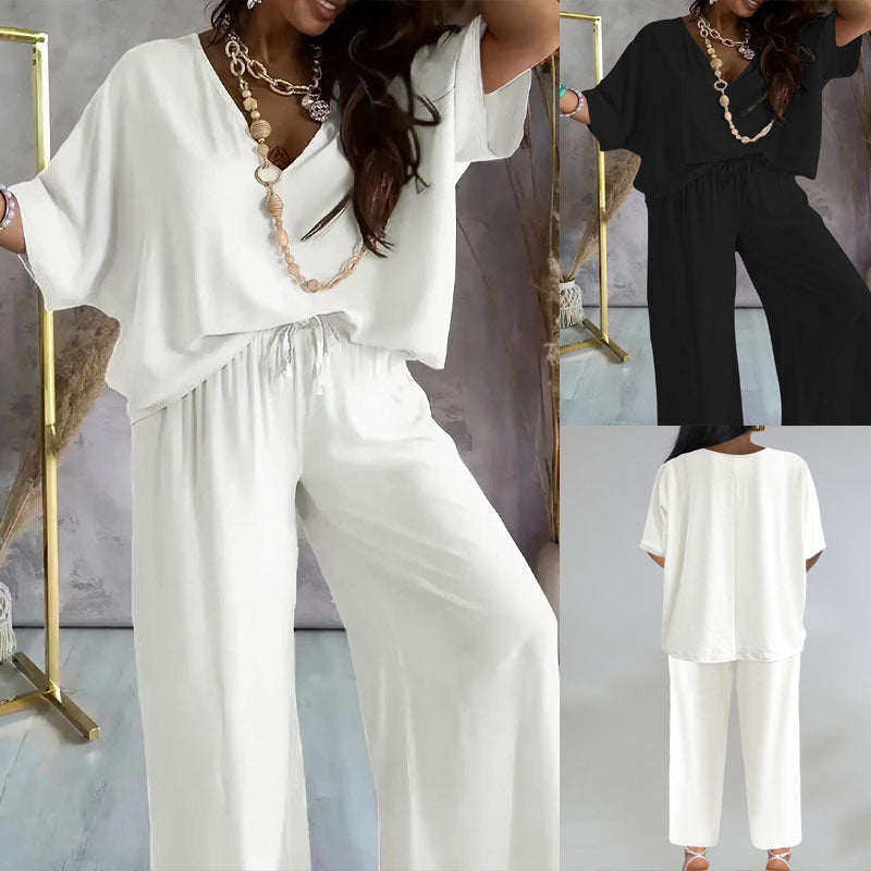 Damen Jumpsuit mit lässigem V-Ausschnitt und weitem Bein R&B